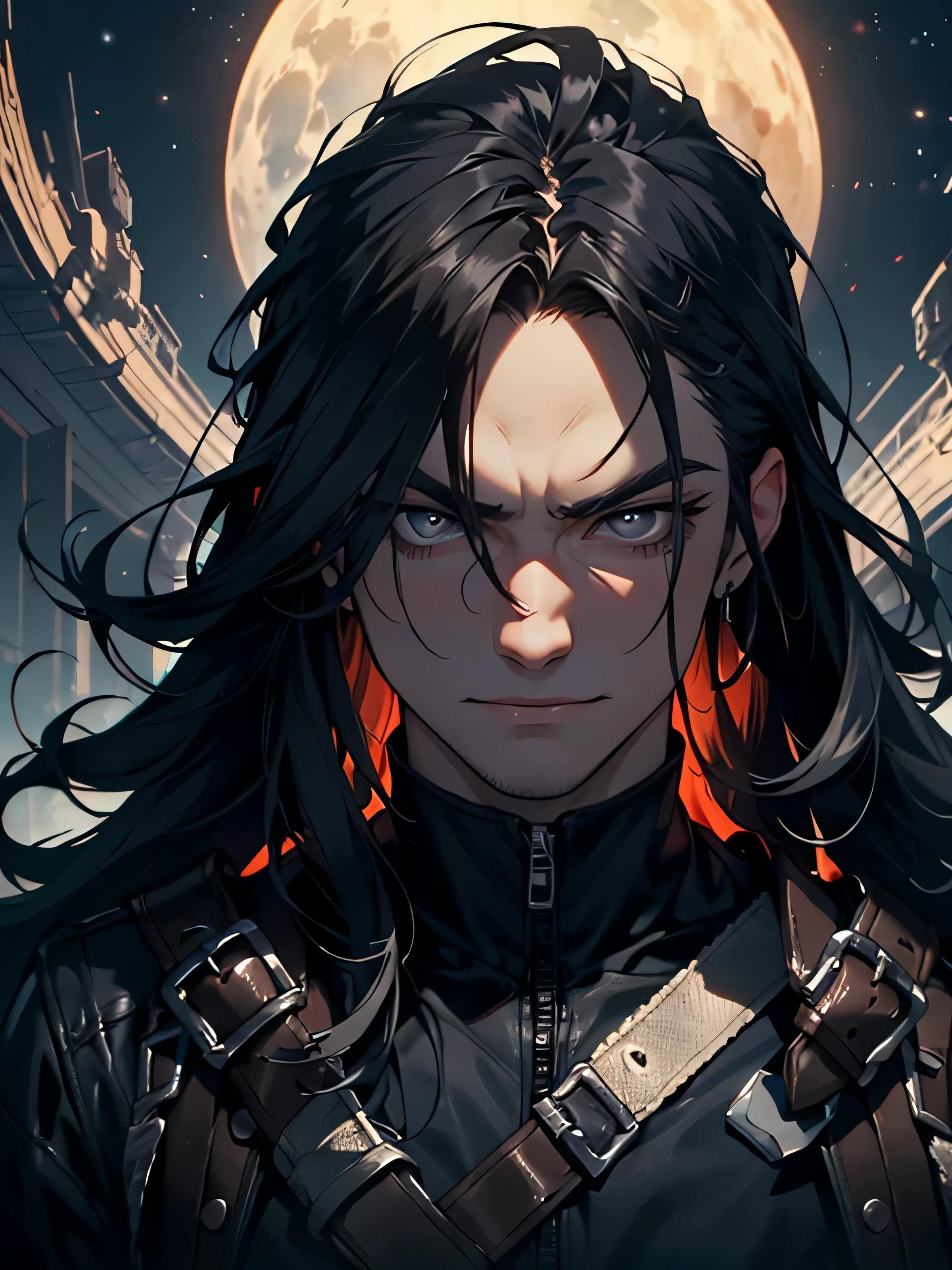 Masterpiece, Best quality, 1 homme, humain, adulte, 20 ans, mauvais look, mauvais smile, mauvais, Dark Hair, cheveux longs, visage vicieux, dark themed, sous une planete, paysage fantastique, Face avant, (Haut du corps)