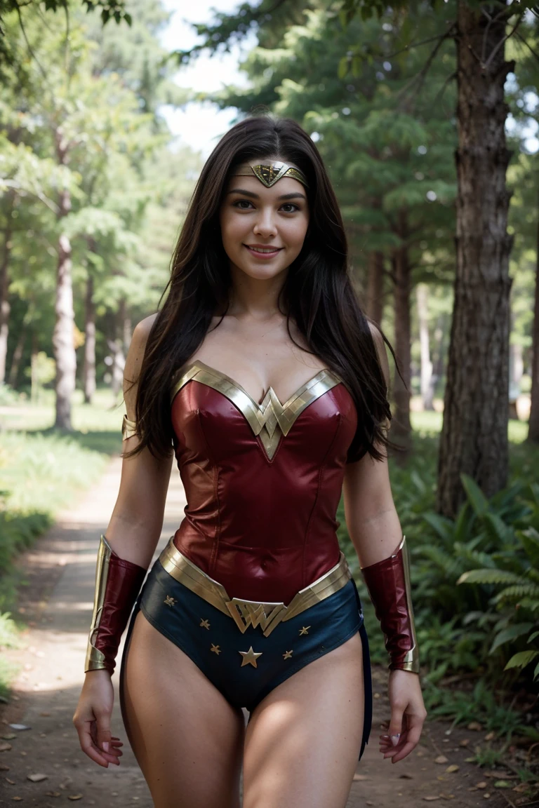 photo D&#39 : cute brunette, perfect body, tied hair. she wears an ultra-realistic wonder-woman costume. she is standing in a dark forest. we see it entirely. She is smiling