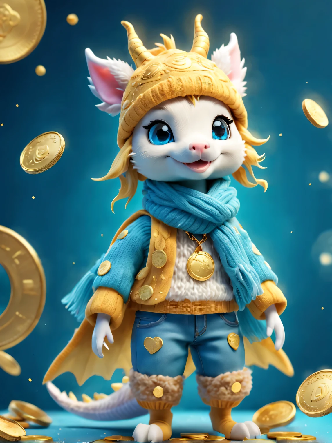 Plush toy design，（Cute furry smiling little zodiac dragon，Close one eye），Wearing a woolen hat，（Lots and lots of gold coins），（Gold coins flying），looks like barbie doll，Gorgeous stylish winter fashion sweaters and scarves，Ethereal，Capri blue background, 2024 new year elements, , Cute 3d rendering, Cute and detailed digital art, slight feeling, stylized 3d render, 8K， 3D character art rendering, lovely digital painting, Anime style 3D, Ultra-detailed rendering, hyper HD, tmasterpiece, Acura, ctextured skin, super detailing, high detal, high high quality, Award-Awarded, Best quality at best, A high resolution, 16k,