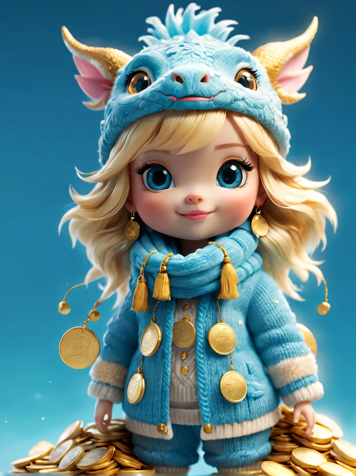 Plush toy design，（Cute furry smiling little zodiac dragon，Close one eye），Wearing a woolen hat，（Lots and lots of gold coins），（Gold coins flying），looks like barbie doll，Gorgeous stylish winter fashion sweaters and scarves，Ethereal，Capri blue background, 2024 new year elements, , Cute 3d rendering, Cute and detailed digital art, slight feeling, stylized 3d render, 8K， 3D character art rendering, lovely digital painting, Anime style 3D, Ultra-detailed rendering, hyper HD, tmasterpiece, Acura, ctextured skin, super detailing, high detal, high high quality, Award-Awarded, Best quality at best, A high resolution, 16k,