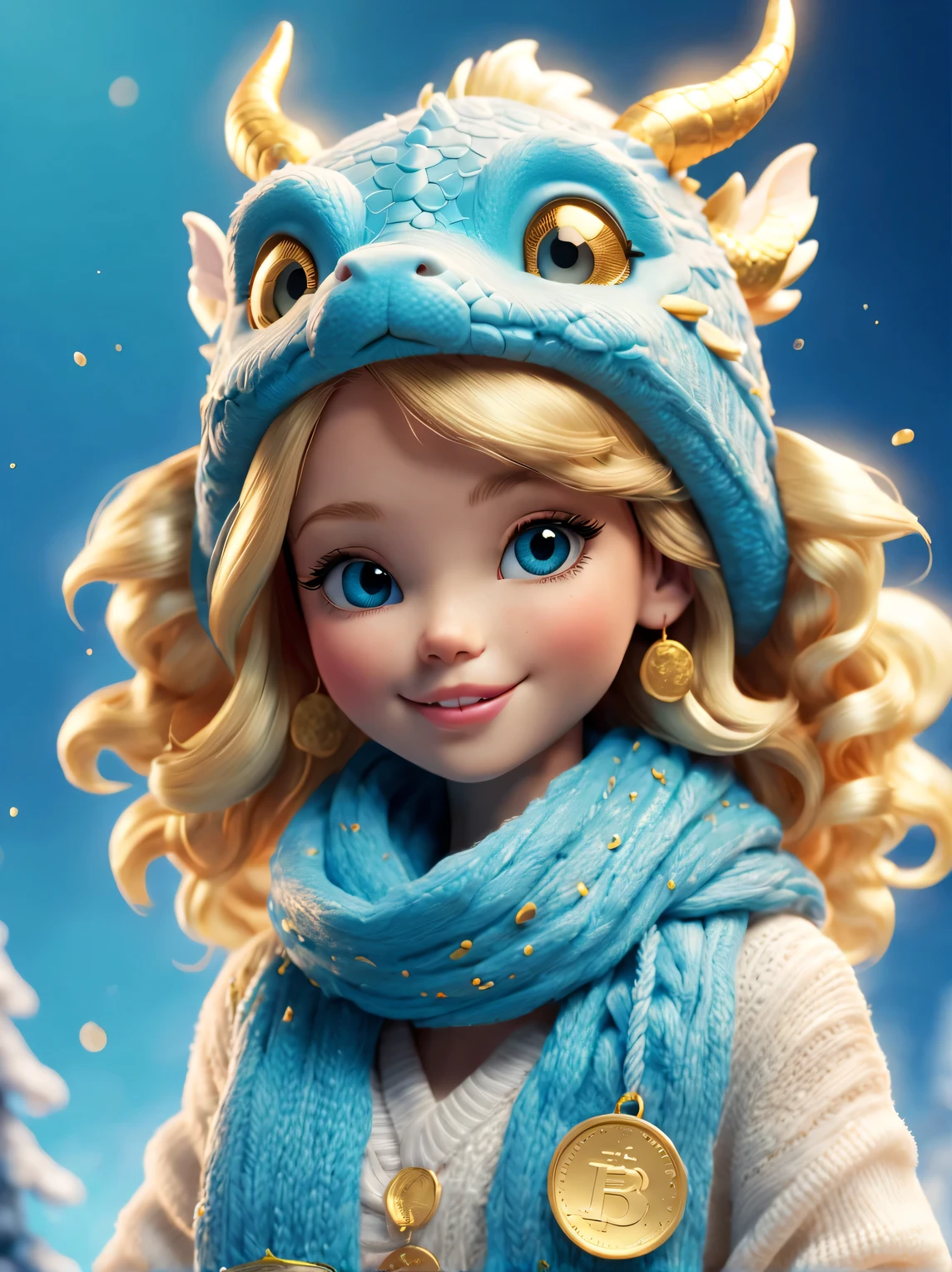 Plush toy design，（Cute furry smiling little zodiac dragon，Close one eye），Wearing a woolen hat，（Lots and lots of gold coins），（Gold coins flying），looks like barbie doll，Gorgeous stylish winter fashion sweaters and scarves，Ethereal，Capri blue background, 2024 new year elements, , Cute 3d rendering, Cute and detailed digital art, slight feeling, stylized 3d render, 8K， 3D character art rendering, lovely digital painting, Anime style 3D, Ultra-detailed rendering, hyper HD, tmasterpiece, Acura, ctextured skin, super detailing, high detal, high high quality, Award-Awarded, Best quality at best, A high resolution, 16k,