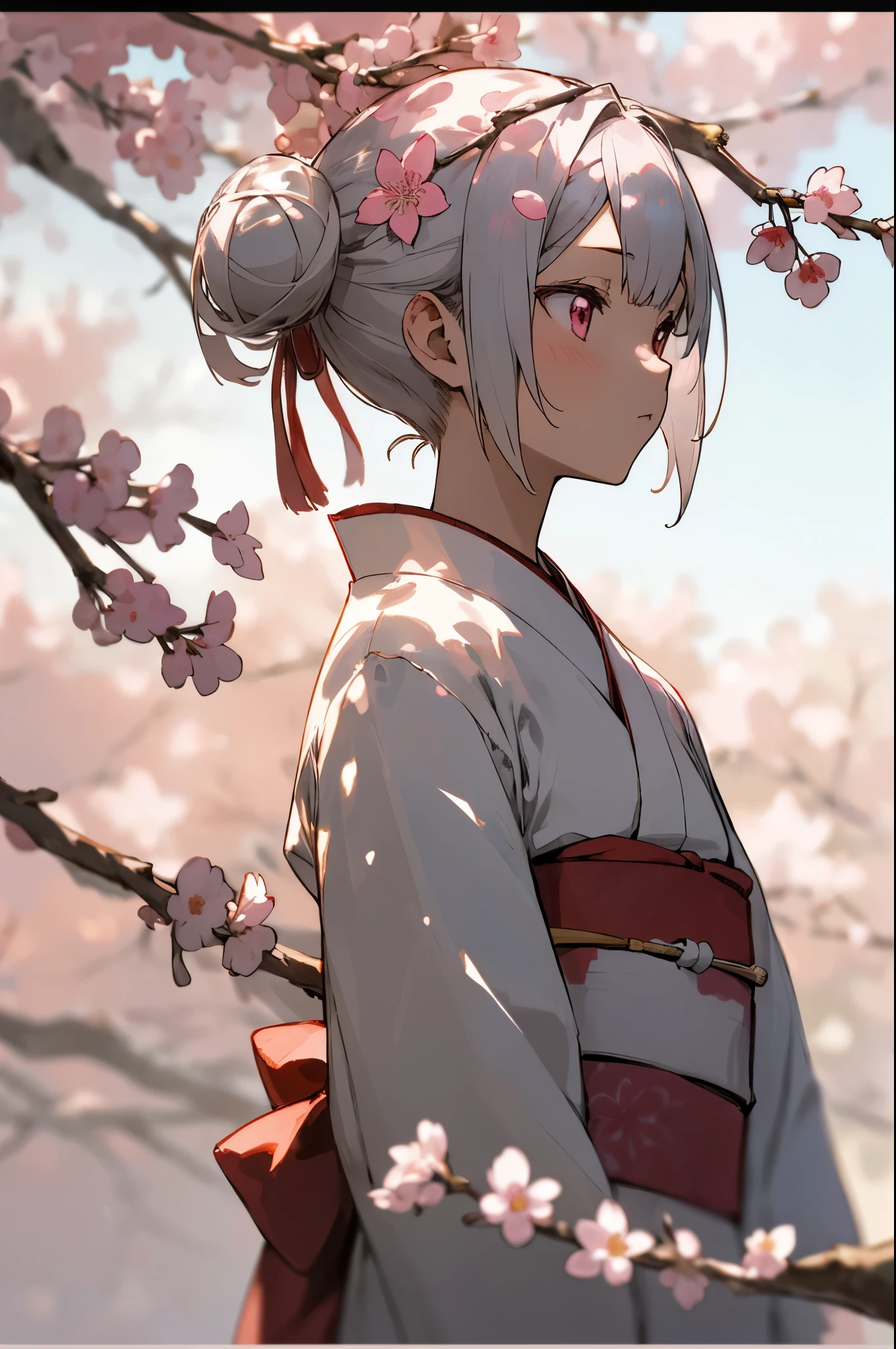 ((masutepiece,Best Quality)),1girl in, Short hairstyle with silver hair and bob, Hair tied in a bun with a hair clip, Pink eyes, Blurry background, branch, Dappled sunlight, flower, From Side, ヘアflower, Hair Ornament, cherry trees, Kimono, (cherry treesの花びら:1.9), Obi, Outdoors, sash, Solo, Sunlight, Upper body