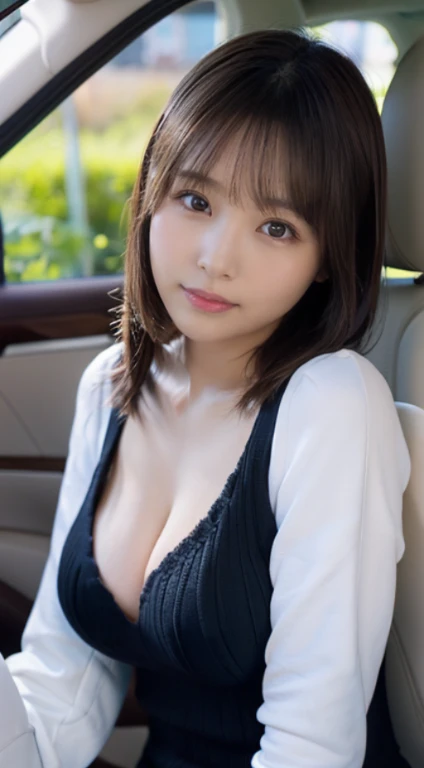 (Photorealistic), (ultra high realistic), (The ultra -The high-definition目), (ultra high detailed), (Increase contrast), (Increase saturation), ( girl、a small face、Extremely beautiful face, natural make up)(fair white skin)(sparkly eyes))A pretty woman with perfect figure, Spoiled look,, (Lifelike face), a short bob、Hair hanging over the ears, Realistic eyes, natural make up、beautiful detail, (real looking skin), Beautiful skins, enticing, The ultra -The high-definition, A hyper-realistic, Realistic, Very detailed,, bangss), (Tight black knit miniskirt dress、I can see the cleavage)(((White knee high boots)))japanese cute idol, I can see the cleavage) Brown hair,((lying in the passenger seat of a car))、Sweet pose、Beautiful valley、beutiful breast、thin-waist、big butts、Knee-deep angle、