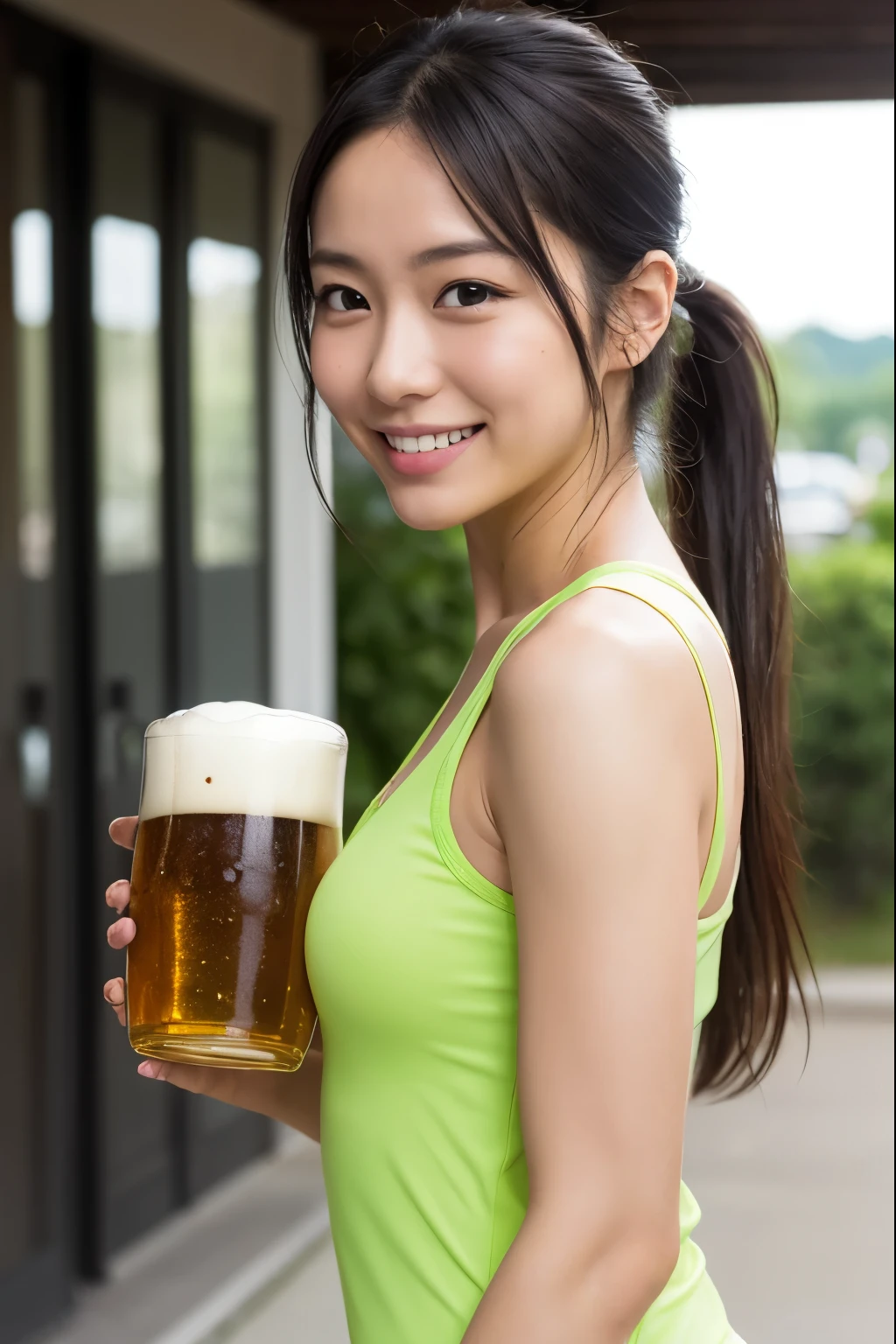 Japanese girl, (toned) ,((holding a beer mug)) ((Wet)), kawaii, smile, sweaty, 20 year old, low ponytail, ((green running wear)) , exasperated:1.8, high quality:1.3, shoot from below 2.0, Professional lighting:2.0 realistic:1.2, 4k resolution, detailed skin, masterpiece:1.1, on the road,