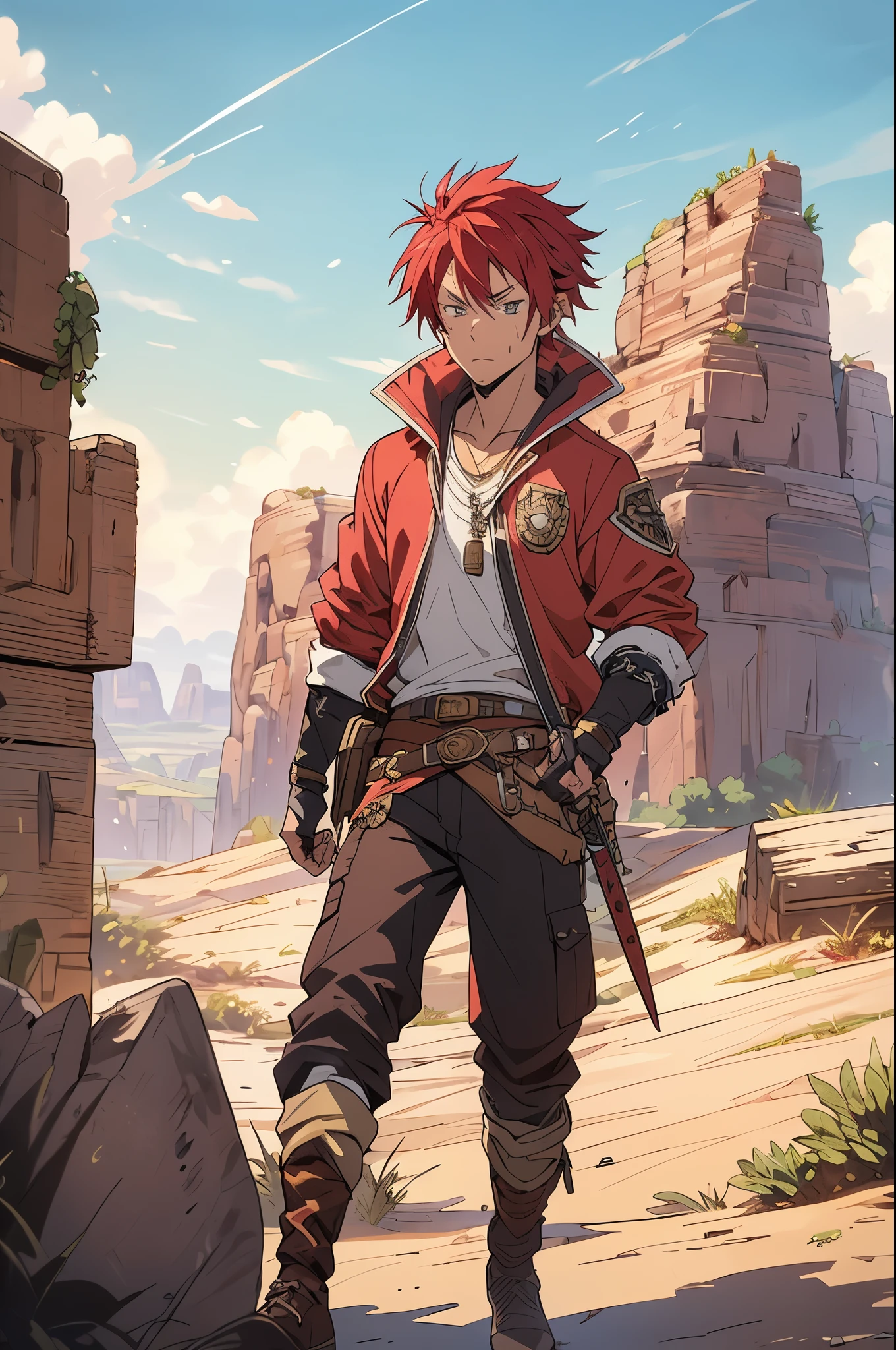 8K, Best Quality, Ultra High Resolution, (best quality, high quality), (short length red hair,), bandits land, barrens, wilderness, outback, deep green eyes, 1guy, red hair, one ear piercing, toned, sassy, short spiked red hair, broad shoulders, muscular, solo, defined muscles, fit, teenager, fantasy world, badass, villain, bandit, cocky attitude, bandit attire, tall stature, diablo, very tall, handsome, suave, bad boy, wearing a long necklace, rough outfit on, outside, out in the wastelands, in a wasteland, badlands, marauder, out in the middle of nowhere running,  running and jumping, doing parkour across the landscape