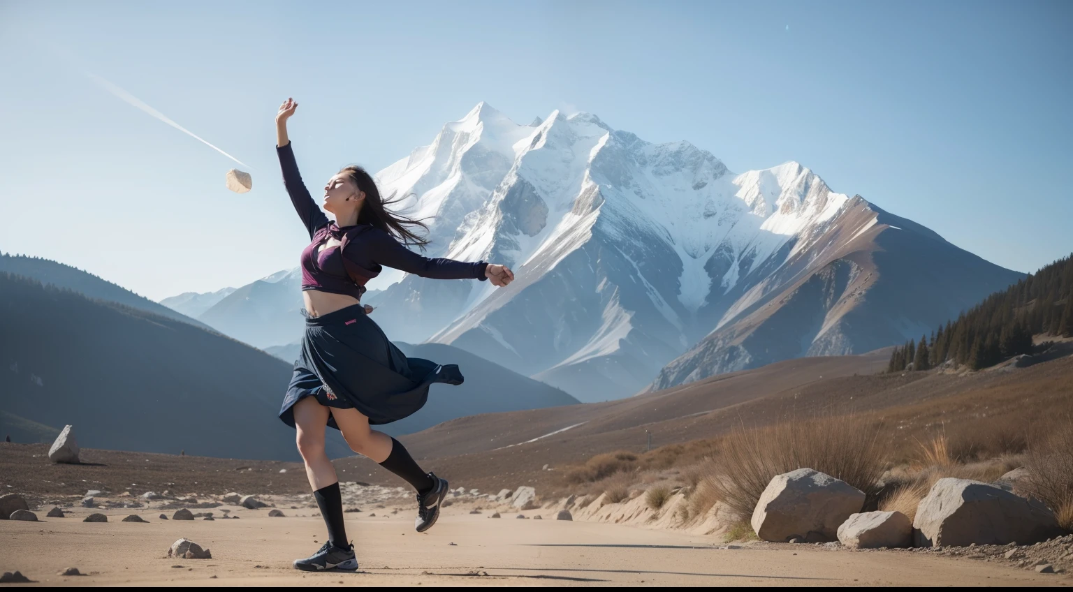 a ((girl throwing stone)) , the stone in right hand, very energetic, behind mountain, ((best quality)), ((masterpiece)), (detailed), perfect face