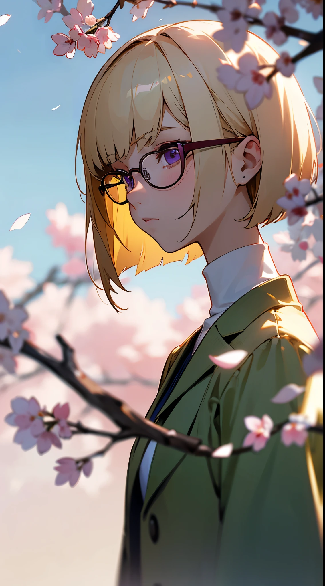 An 18-year-old woman、a blond、Short bob cut, Straight hair、Purple eyes、Dark green jacket、White Turtleneck Shirt、Gray slacks、Red-rimmed glasses、From Side、Soft lighting that illuminates your face、Cherry Blossom Park、Under the blue sky、Slightly blur the background with depth of field、upper body close - up