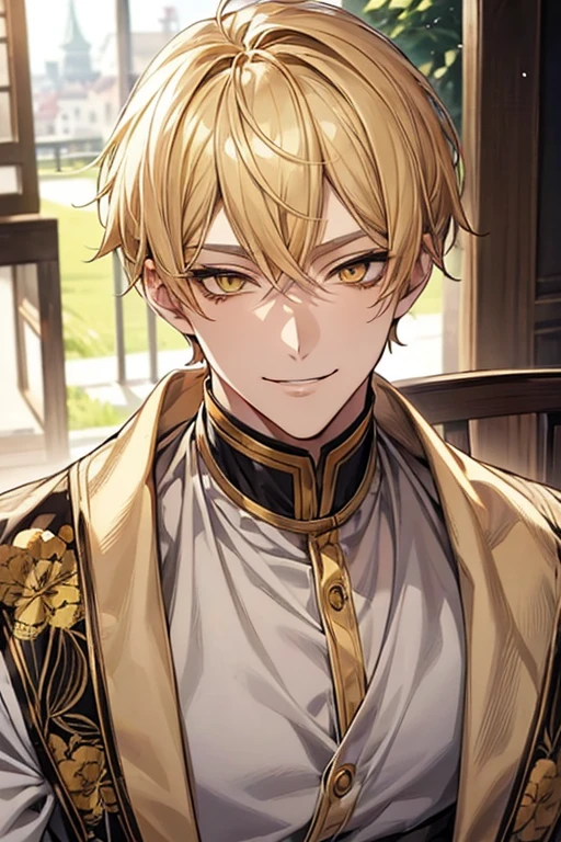 (masutepiece), (Best Quality), Highly detailed, 1 male, Solo Focus, Perfect face, Beautiful face, extra detailed face,yellow short hair, long yellow eyelashes、yellow eyebrows、Handsome man with expressive eyes, Smiling, Yellow eyes、细致背景、cafes