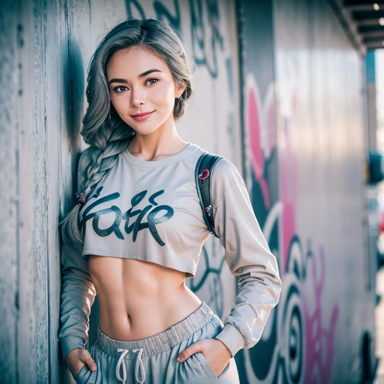 gorgeous cute Austrian girl, smiling, (crop top), Steel gray hair loose braided hair, comics printed shirt, oversized jogger pants, lean against the wall, backstreet, (graffiti on the wall), hip-hop, smiling, hands in pockets, perfectly symmetrical face, detailed skin, vivid colours, HDR, hard shadows, art photography, soft focus, masterpiece, breathtaking, atmospheric perspective, diffusion, pore correlation, skin imperfections, 80mm Sigma f2, depth of field, intricate natural lighting