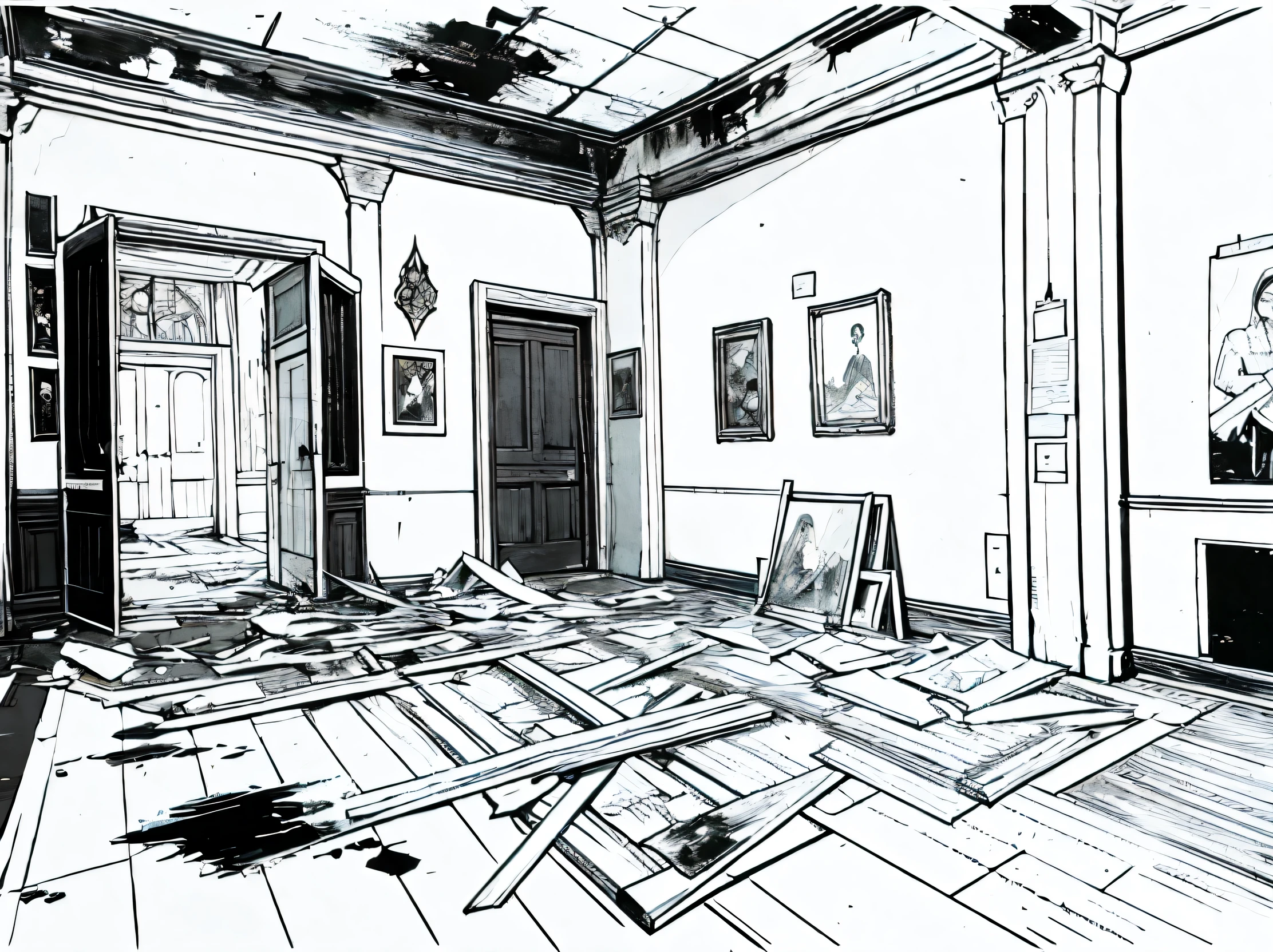 Black and white line drawing，Abandoned gallery in western medieval city，There are many abandoned paintings and easels，Easels are arranged in a messy manner， Line style，pen painting