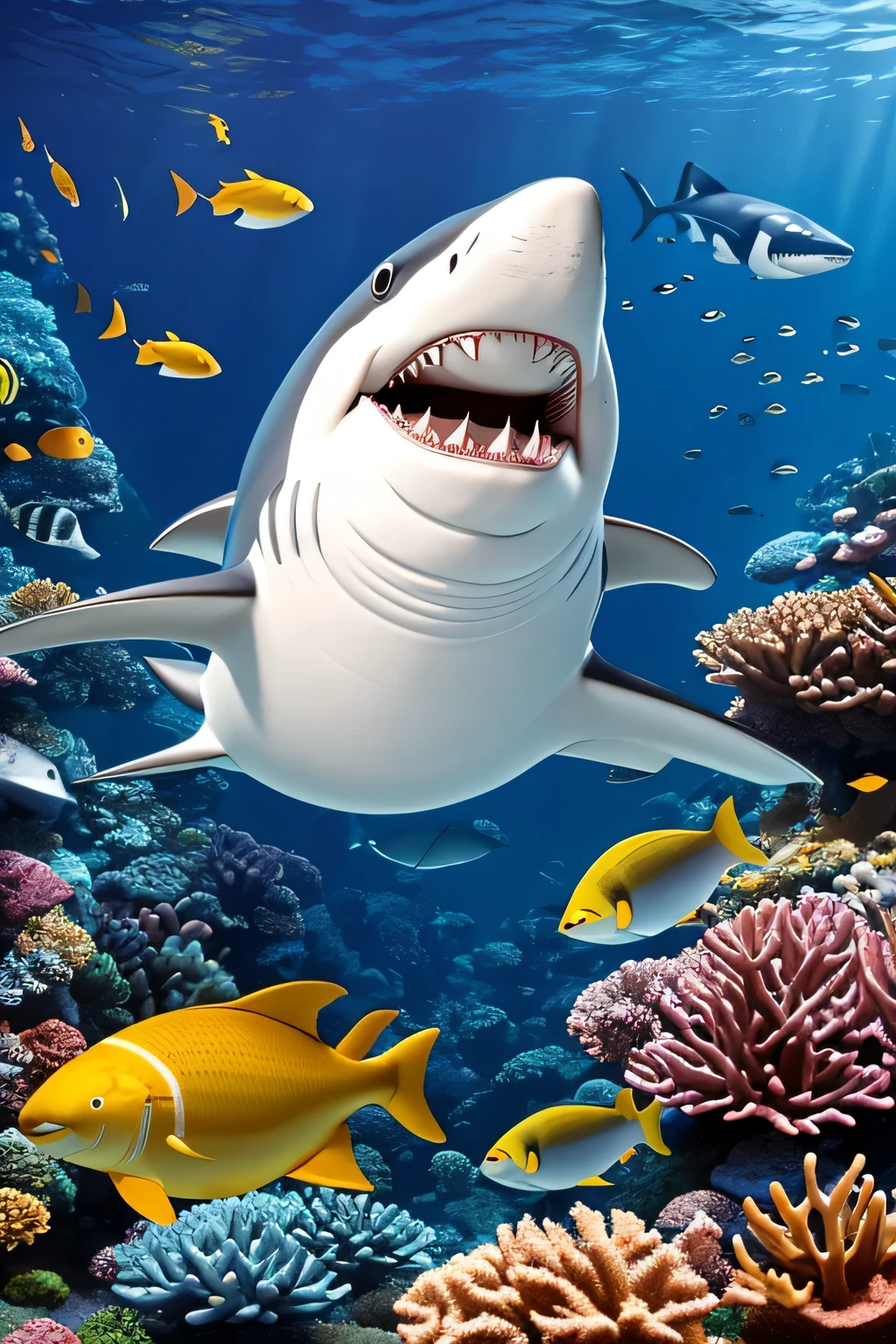 anthropomorphic shark, dressed as butler, serving appetisers to a school of reef fish, 8k resolution, dynamic lighting, hyperdetailed, volumetric lighting"