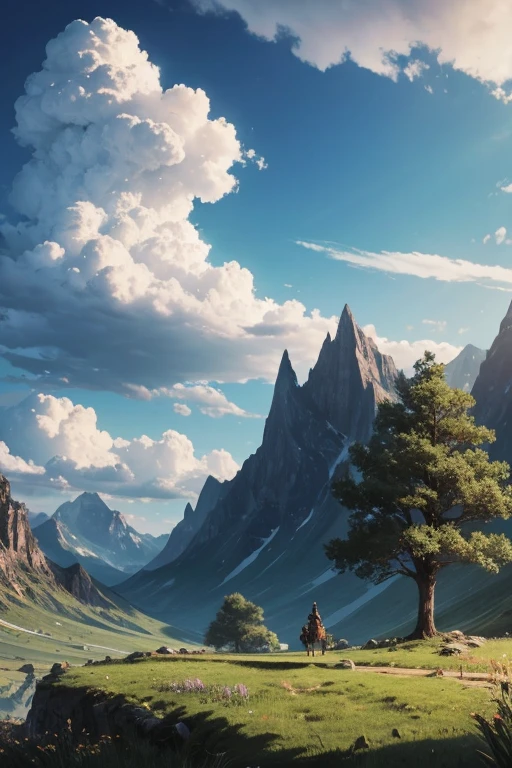 Conceptart,Concept Art,Samia, tree, scenery, cloud, outdoors, sky, day, mountain, grass, nature, mksks style, best quality, perfect