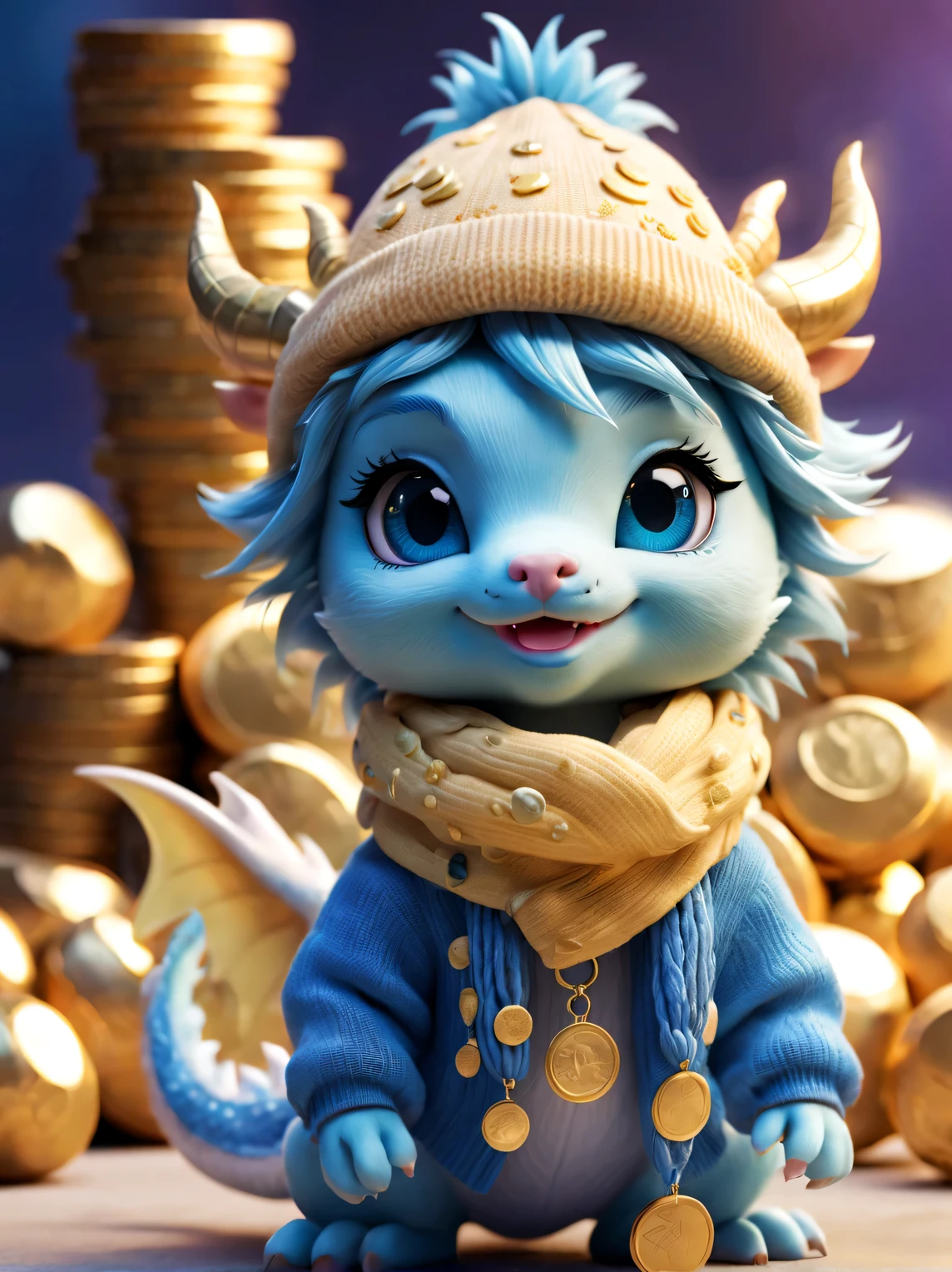 Plush toy design，（Naughty cute furry smiling little zodiac dragon，Close one eye，），Wearing a woolen hat，（Lots and lots of gold coins），（Gold coins flying），looks like barbie doll，Gorgeous stylish winter fashion sweaters and scarves，Ethereal，Klein blue beautiful background, 2024 new year elements, , Cute 3d rendering, Cute and detailed digital art, slight feeling, stylized 3d render, 8K， 3D character art rendering, lovely digital painting, Anime style 3D, Ultra-detailed rendering, hyper HD, tmasterpiece, Acura, ctextured skin, super detailing, high detal, high high quality, Award-Awarded, Best quality, A high resolution, 16k,