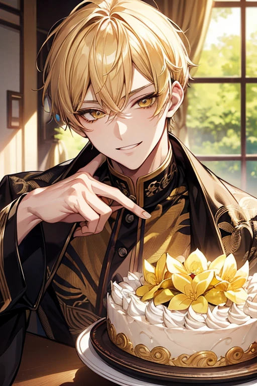 (masutepiece), (Best Quality), Highly detailed, 1 male, Solo Focus, Perfect face, Beautiful face, extra detailed face，yellow short hair, long yellow eyelashes、yellow eyebrows、Handsome man with expressive eyes, Smiling, Yellow eyes、细致背景、flower cake
