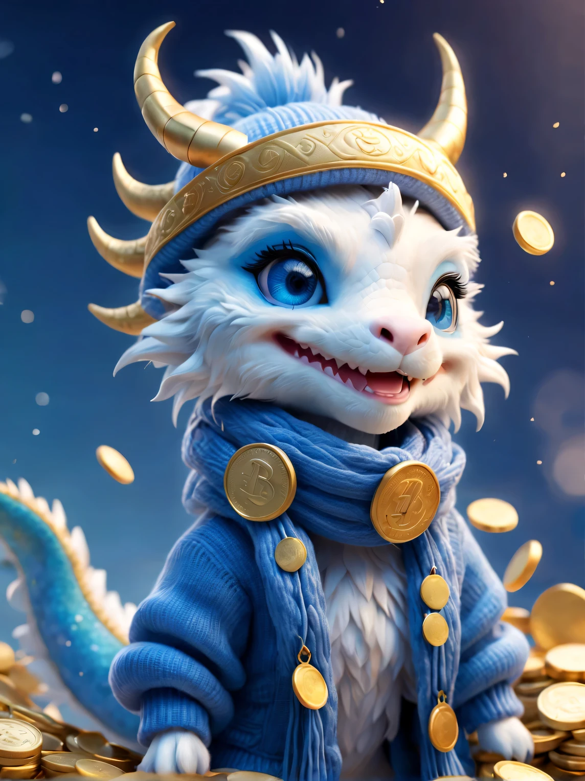 Plush toy design，（Naughty cute furry smiling little zodiac dragon，Close one eye，），Wearing a woolen hat，（Lots and lots of gold coins），（Gold coins flying），looks like barbie doll，Gorgeous stylish winter fashion sweaters and scarves，Ethereal，Klein blue beautiful background, 2024 new year elements, , Cute 3d rendering, Cute and detailed digital art, slight feeling, stylized 3d render, 8K， 3D character art rendering, lovely digital painting, Anime style 3D, Ultra-detailed rendering, hyper HD, tmasterpiece, Acura, ctextured skin, super detailing, high detal, high high quality, Award-Awarded, Best quality, A high resolution, 16k,