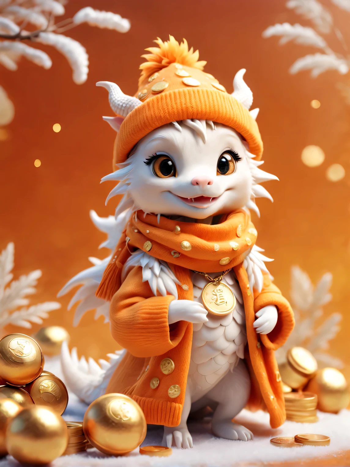 Plush toy design，（Close up of cute furry smiling little zodiac dragon with one eye closed），Wearing a woolen hat，（Lots and lots of gold coins），（Gold coins flying），looks like barbie doll，Gorgeous stylish winter fashion sweaters and scarves，Ethereal，Hermès orange background, 2024 new year elements, , Cute 3d rendering, Cute and detailed digital art, slight feeling, stylized 3d render, 8K， 3D character art rendering, lovely digital painting, Anime style 3D, Ultra-detailed rendering, hyper HD, tmasterpiece, Acura, ctextured skin, super detailing, high detal, high high quality, Award-Awarded, Best quality, A high resolution, 16k,