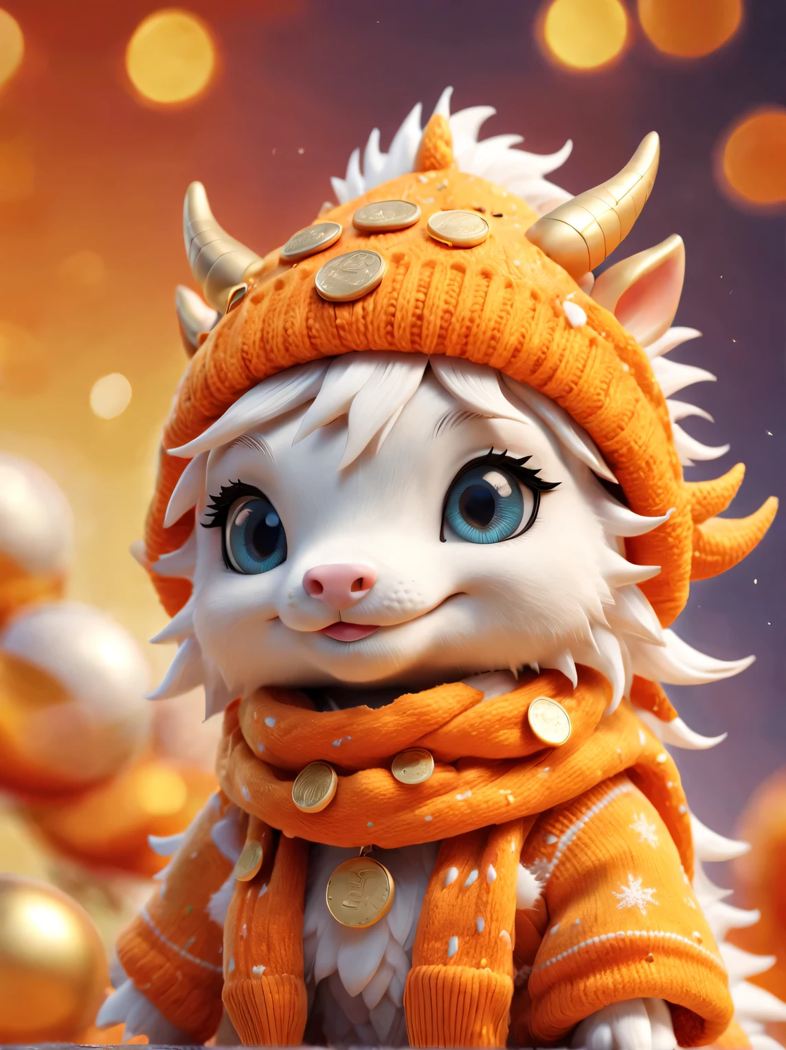 Plush toy design，（Close up of cute furry smiling little zodiac dragon with one eye closed），Wearing a woolen hat，（Lots and lots of gold coins），（Gold coins flying），looks like barbie doll，Gorgeous stylish winter fashion sweaters and scarves，Ethereal，Hermès orange background, 2024 new year elements, , Cute 3d rendering, Cute and detailed digital art, slight feeling, stylized 3d render, 8K， 3D character art rendering, lovely digital painting, Anime style 3D, Ultra-detailed rendering, hyper HD, tmasterpiece, Acura, ctextured skin, super detailing, high detal, high high quality, Award-Awarded, Best quality, A high resolution, 16k,