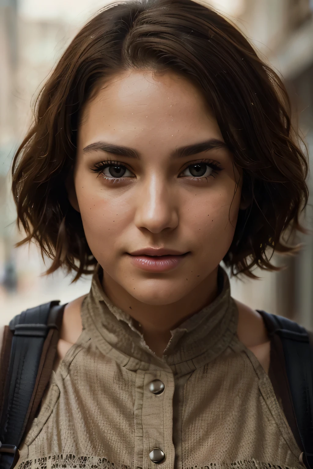 Breathtaking cinematic photo of a 30 year old girl with brown hair and brown eyes, happy, cheerful expression, closed mouth, beautiful lips, intricate details, shallow depth of field, highly detailed, high budget, epic Hollywood film, gorgeous, masterpiece, award-winning, professional, highly detailed, detailed skin texture, (blush: 0.5), (goosebumps: 0.5). (the most beautiful woman in the world) (brown hair) (short curly hair, wild hair, stylish cut) thin face, thin nose, beautiful, very beautiful, perfect face, slender body (slender), (brown hair) (brown eyes ) (white skin) Beautiful body, western face, predatory eyes, pink lips, thick thighs. full body, western beauty, thin nose, beautiful, perfect, ((best quality)), ((ultra resolution)), ((photorealistic: 1.4)), (intricate details), perfect face, makeup: 1.5 , clear face, facial details. front view ((uniform, tactical costume, agent costume, spy))