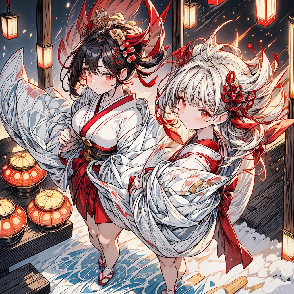 (the pounding mochi contest:1.4), masterpiece, High-quality, High-resolution, Realistic anime sketch, To celebrate the New Year, ((full body, featuring a beautiful Japanese sexy shrine maiden with Soft smooth body and Chubby plump skin, Full cheeks, large breasts and buttocks:1.4), (She's pounding soft mochi rice cake with her big hips:1.2)), The image captures the traditional red and white colors with a touch of gold, set in a bright scene with a top-down perspective, The main subject is shrine maiden, symbolizing the auspicious start of the year, in a traditional outfit, pestle and mortar, (The background is rich and delicate),