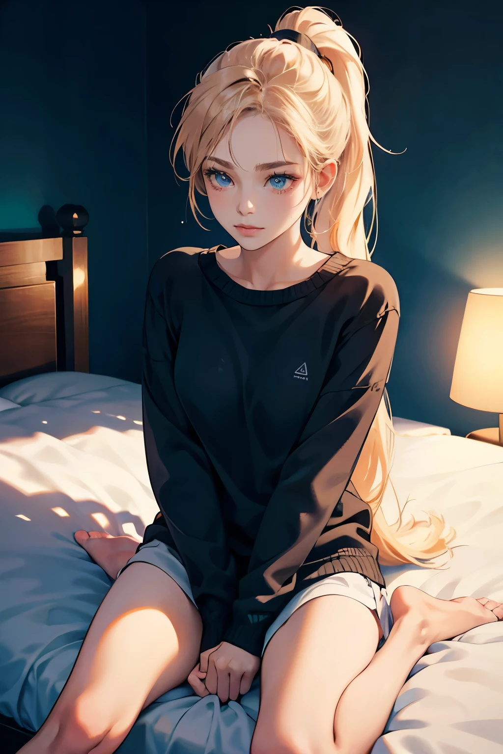 1 girl, perfect female body, with a ponytail, a jumper, home clothes, sitting on bed, eyes looking at camera,color difference, Depth of field, dramatic shadow, Ray tracing, Best quality, Cinematic lighting