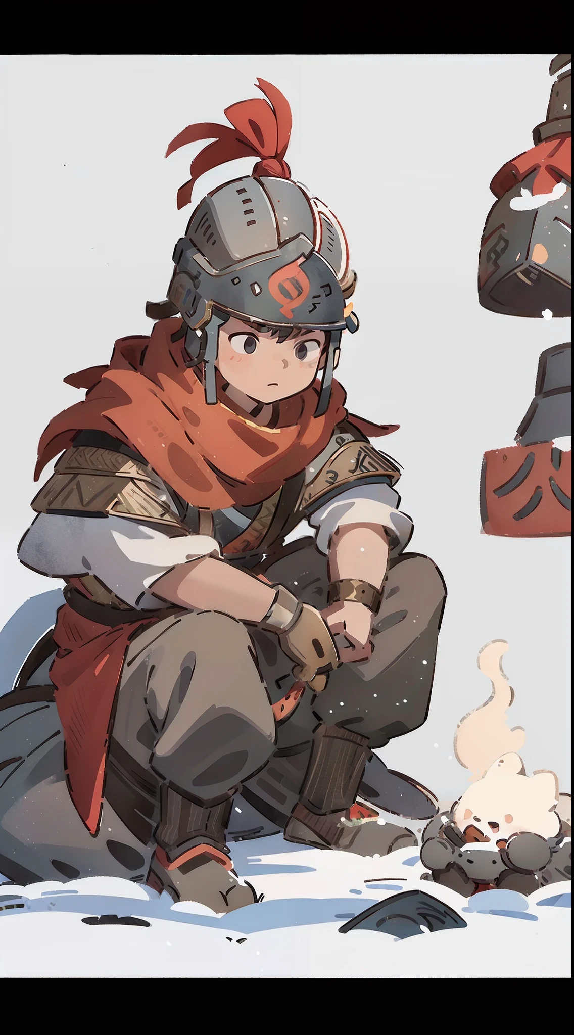 Ancient soldiers of the Qin Dynasty in China,Lateral face,Libido boy,Wearing a gray helmet,Wearing detailed Chinese style armor,red shawl,Short hair details, Chinese style,Sitting on the ground next to a burning bonfire,wood,远处是那个The tree木和雪山,largeeyes, 校服, Side sitting, 围巾, wastelands, White snow, 那个那个The tree, snow cover, in a panoramic view, White snow, The tree, snow cover,