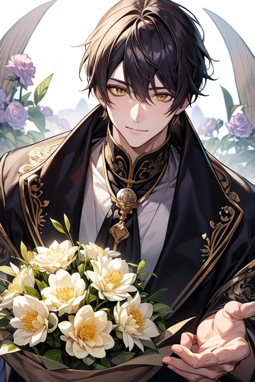 (masutepiece), (Best Quality), Highly detailed, 1 male, Solo Focus, Perfect face, Beautiful face, extra detailed face,黄Farbeい短髪, 黄Farbeい長い睫毛、黄Farbeい眉、Handsome man with expressive eyes, Smiling, Yellow eyes、细致背景、Farbe々big bouquet of flowers
