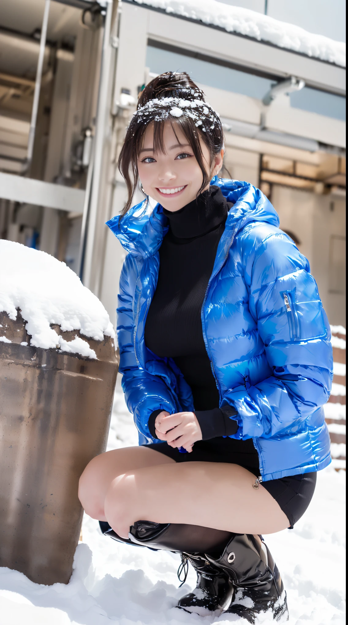 (in 8K、超A high resolution、Best Quality、masuter piece、Photorealsitic、The ultra -The high-definition)、(turtle neck、Always wear a blue down jacket、(bend your knees to the side、Always do squats)、Black Micro Mini Skirt:1.28)(The city is always covered in snow:1.1)A Japanese Lady、Cute smile、Short boots