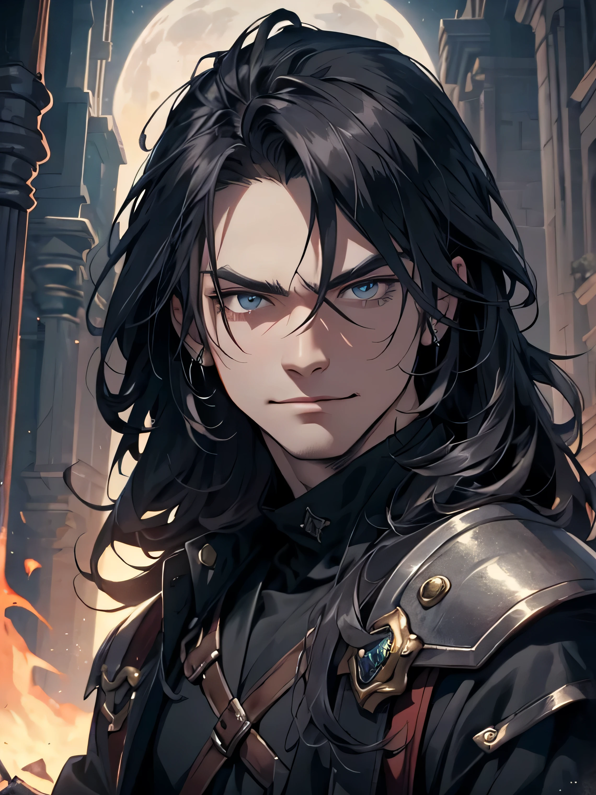 Masterpiece, Best quality, 1 homme, humain, adulte, 20 ans, mauvais look, mauvais smile, mauvais, Dark Hair, cheveux longs, visage vicieux, dark themed, sous une planete, Paysage fantastique, Medieval world, Face avant, (Haut du corps)