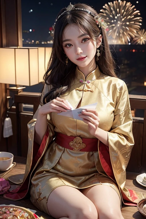 in this picture,Happy New Year 2024 picture logo,The scene was full of Spring Festival atmosphere。In the picture there are 6 people sitting around a dining table handing out red envelopes,A sumptuous New Year’s Eve dinner.Grandmother.The eyes are bright and alert.The facial features are extremely beautiful祥和,affable,good facial features,Make the jewels look particularly elegant.Calm and peaceful,With a happy smile。The eyes are bright and alert气质不凡.approachable with a smile。Mom is a generous and sexy goddess,A pair of charming big eyes.笑容甜美adolable.The facial features are extremely beautiful,body shape is slim.Wearing jewelry,Looks particularly noble, elegant and generous.爸爸The eyes are bright and alert.Handsome and generous.Good facial features.With masculine charm.两个孩子小男孩The eyes are bright and alert.A pair of watery big eyes.mischievous.adolable.良好的面部特脸上洋溢着幸福adolable的笑容.女孩The eyes are bright and alert.A pair of watery big eyes.俏皮adolable笑容灿烂, Photo Retrato Mild 8k, 。they talk to each other,Overflowing with laughter。This family is full of harmony,Let people feel the peace and happiness of home。
The fireworks outside the window are very dazzling,Blooming with colorful light。Fireworks draw beautiful arcs in the sky,Illuminated the entire night sky。Fireworks and firecrackers accompanied by cheers,As if celebrating the arrival of the New Year。Chasing the afterglow of fireworks,Their laughter seemed to echo throughout the room, The whole scene is full of festive atmosphere.,Everyone is immersed in a happy atmosphere。Families wish each other,Sending love and blessings to every Spring Festival reunion,Let people feel the strength and warmth of family in 2024。
