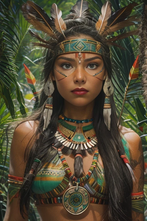 A young woman of radiant beauty, the most beautiful cabocla jurema in the world, ************, indigenous, with feathers on her head, long straight hair falling over her shoulders, ((magnetic green eyes)), ((square face and hollow chin)) , ((strong expression of a warrior woman)), sexy and sensual, indigenous body paintings, body and beauty of a Goddess, half naked ((wearing wild animal skin)), ((with bow and arrows on her back)),( (in the background a sacred temple in the middle of a forest on a full moon night))