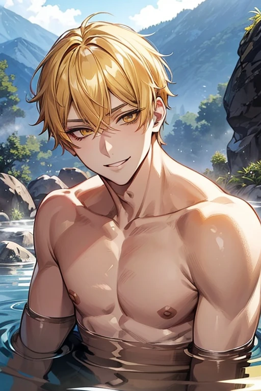 Beautiful blond man bathing、Link、Put your hands out in front of you、I&#39;m excited、She is shining with a serious expression.、to close range、Close-up、Beautiful Muscles、Inviting