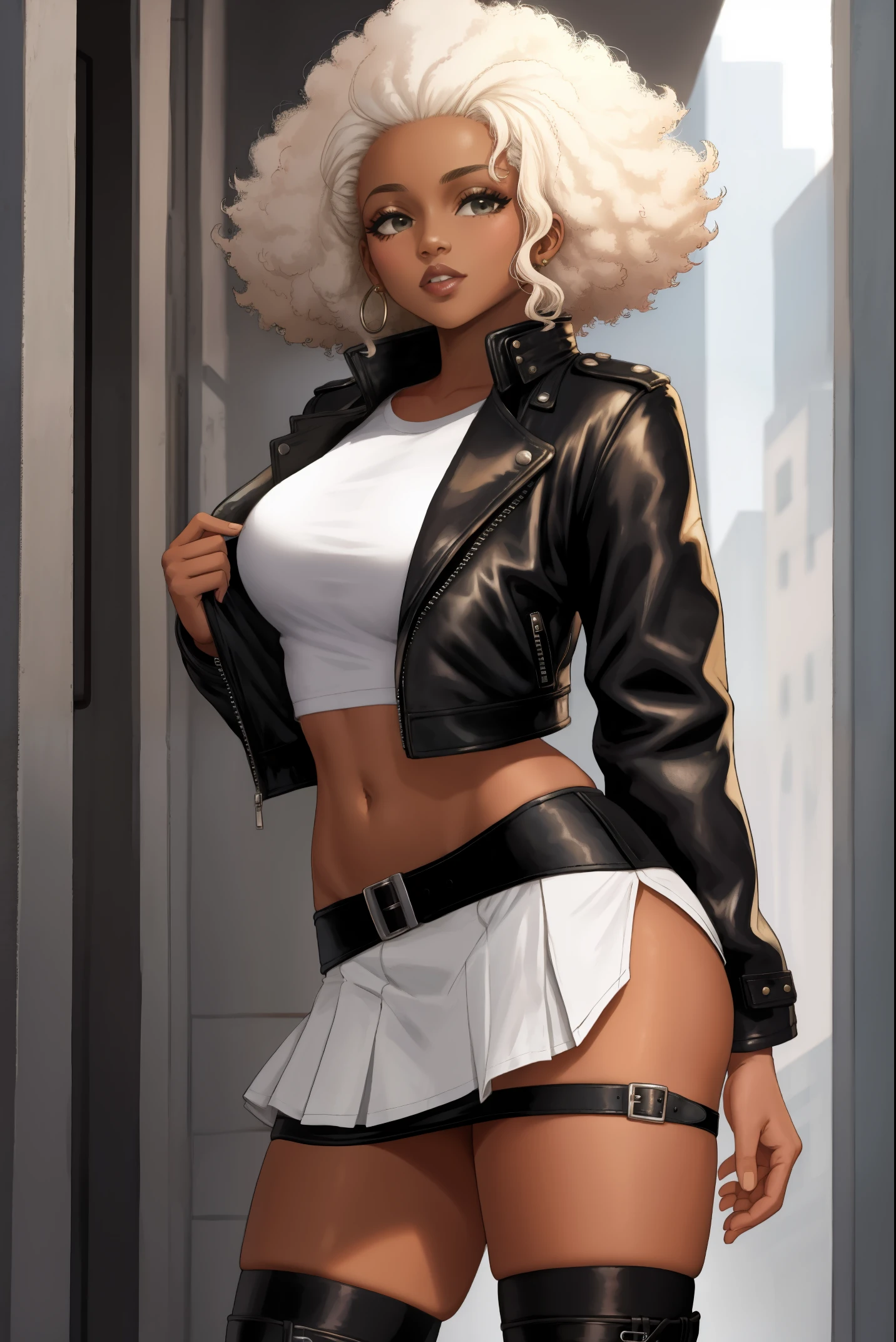 black skinned girl, platinum blonde hair, leather jacket, mini skirt