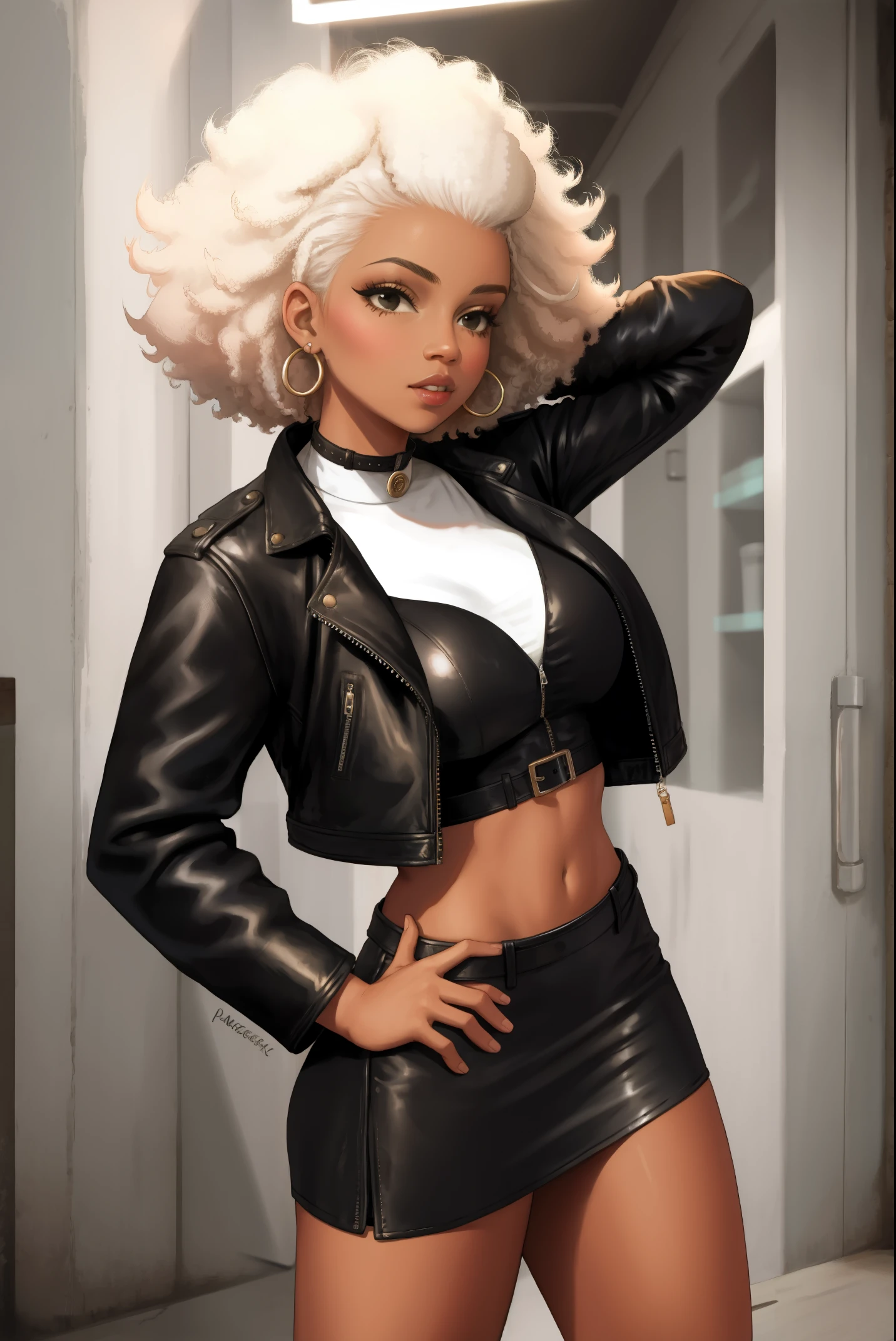 black skinned girl, platinum blonde afro hair, leather jacket, mini skirt
