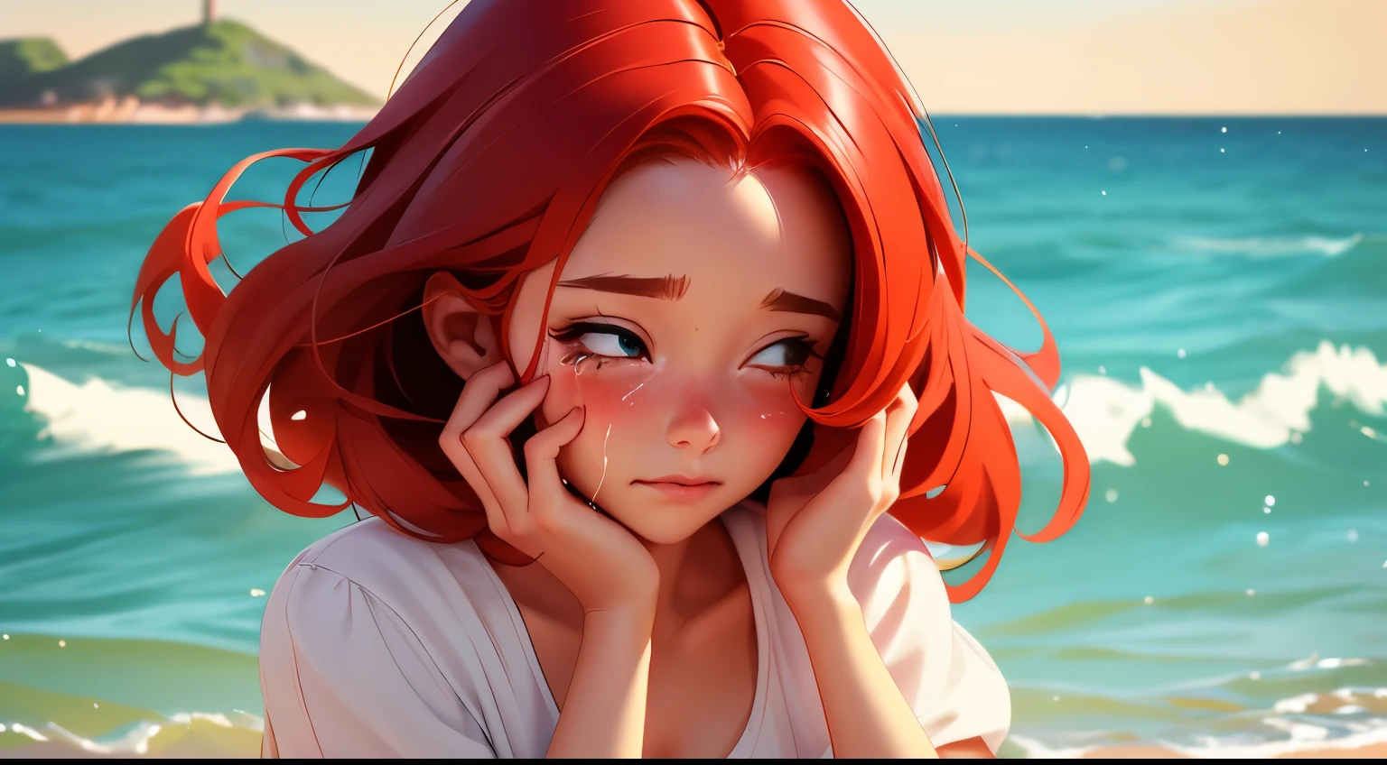 Beautiful girl with red medium hair，Cover your face and cry，The girl cried，Cover your face and cry，girl was broken up，The background is a beautiful island，The background is sandy beach，sea island，Disney  style。