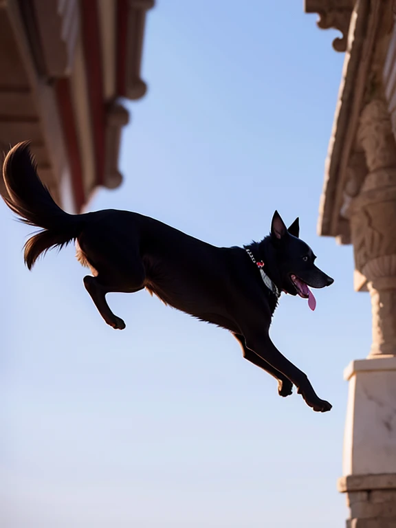 There is a black dog，Holding a Frisbee in his mouth,