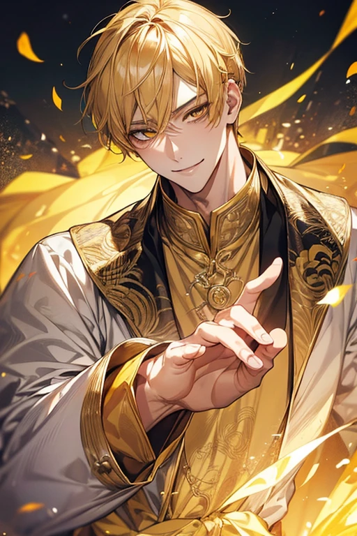 (masutepiece), (Best Quality), Highly detailed, 1 male, Solo Focus, Perfect face, Beautiful face, extra detailed face，yellow short hair, long yellow eyelashes、yellow eyebrows、Handsome man with expressive eyes, Smiling, Yellow eyes、细致背景、gown