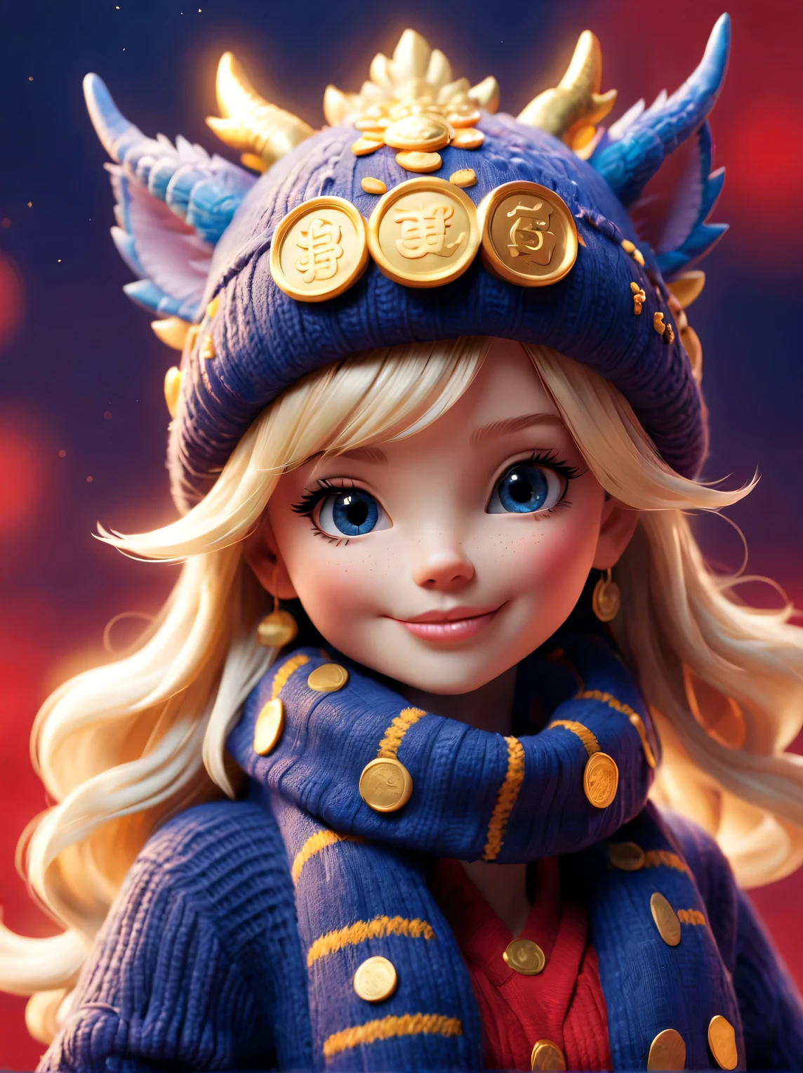 Plush toy design，（，Cute furry smiling little zodiac dragon，Close one eye），Wearing a woolen hat，（Lots and lots of gold coins），（Gold coins flying），looks like barbie doll，Gorgeous stylish winter fashion sweaters and scarves，Ethereal，Dark navy blue and fiery red background, 2024 new year elements, , Cute 3d rendering, Cute and detailed digital art, slight feeling, stylized 3d render, 8K， 3D character art rendering, lovely digital painting, Anime style 3D, Ultra-detailed rendering, hyper HD, tmasterpiece, Acura, ctextured skin, super detailing, high detal, high high quality, Award-Awarded, Best quality at best, A high resolution, 16k,