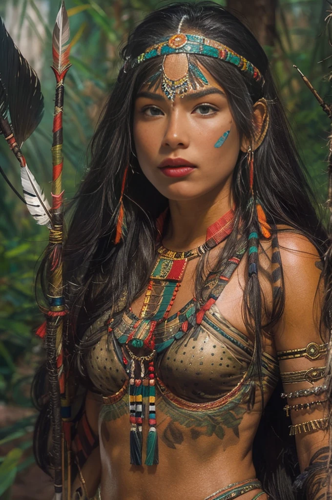 A young woman of radiant beauty, the most beautiful cabocla jurema in the world, ************, indigenous, with feathers on her head, long straight hair falling over her shoulders, ((magnetic green eyes)), ((square face and hollow chin)) , ((strong expression of a warrior woman)), sexy and sensual, indigenous body paintings, body and beauty of a Goddess, half naked ((wearing wild animal skin)), ((with bow and arrows on her back)),( (in the background a sacred temple in the middle of a forest on a full moon night))