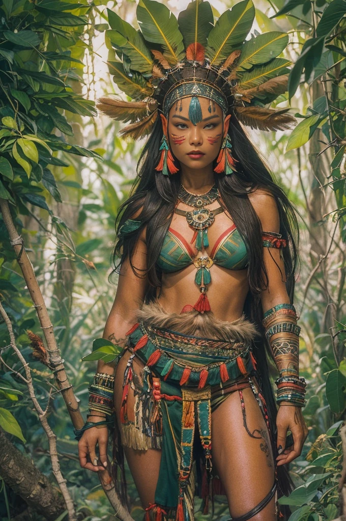 A young woman of radiant beauty, the most beautiful cabocla jurema in the world, , indigenous, with feathers on her head, long straight hair falling over her shoulders, ((magnetic green eyes)), ((square face and hollow chin)) , ((strong expression of a warrior woman)), sexy and sensual, indigenous body paintings, body and beauty of a Goddess, half naked ((wearing wild animal skin)), ((with bow and arrows on her back)),( (in the background a sacred temple in the middle of a forest on a full moon night))