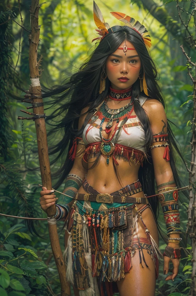 A young woman of radiant beauty, the most beautiful cabocla jurema in the world, ************, indigenous, with feathers on her head, long straight hair falling over her shoulders, ((magnetic green eyes)), ((square face and hollow chin)) , ((strong expression of a warrior woman)), sexy and sensual, indigenous body paintings, body and beauty of a Goddess, half naked ((wearing wild animal skin)), ((with bow and arrows on her back)),( (in the background a sacred temple in the middle of a forest on a full moon night))