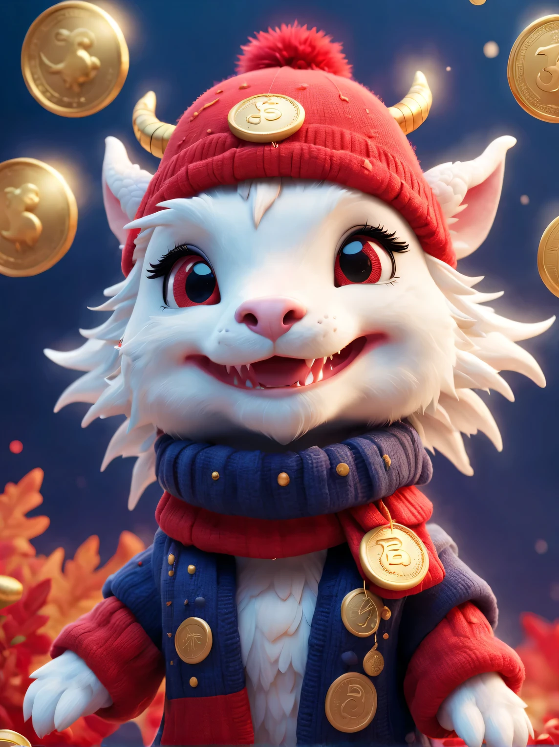 Plush toy design，（，Cute furry smiling little zodiac dragon，Close one eye），Wearing a woolen hat，（Lots and lots of gold coins），（Gold coins flying），looks like barbie doll，Gorgeous stylish winter fashion sweaters and scarves，Ethereal，Dark navy blue and fiery red background, 2024 new year elements, , Cute 3d rendering, Cute and detailed digital art, slight feeling, stylized 3d render, 8K， 3D character art rendering, lovely digital painting, Anime style 3D, Ultra-detailed rendering, hyper HD, tmasterpiece, Acura, ctextured skin, super detailing, high detal, high high quality, Award-Awarded, Best quality at best, A high resolution, 16k,