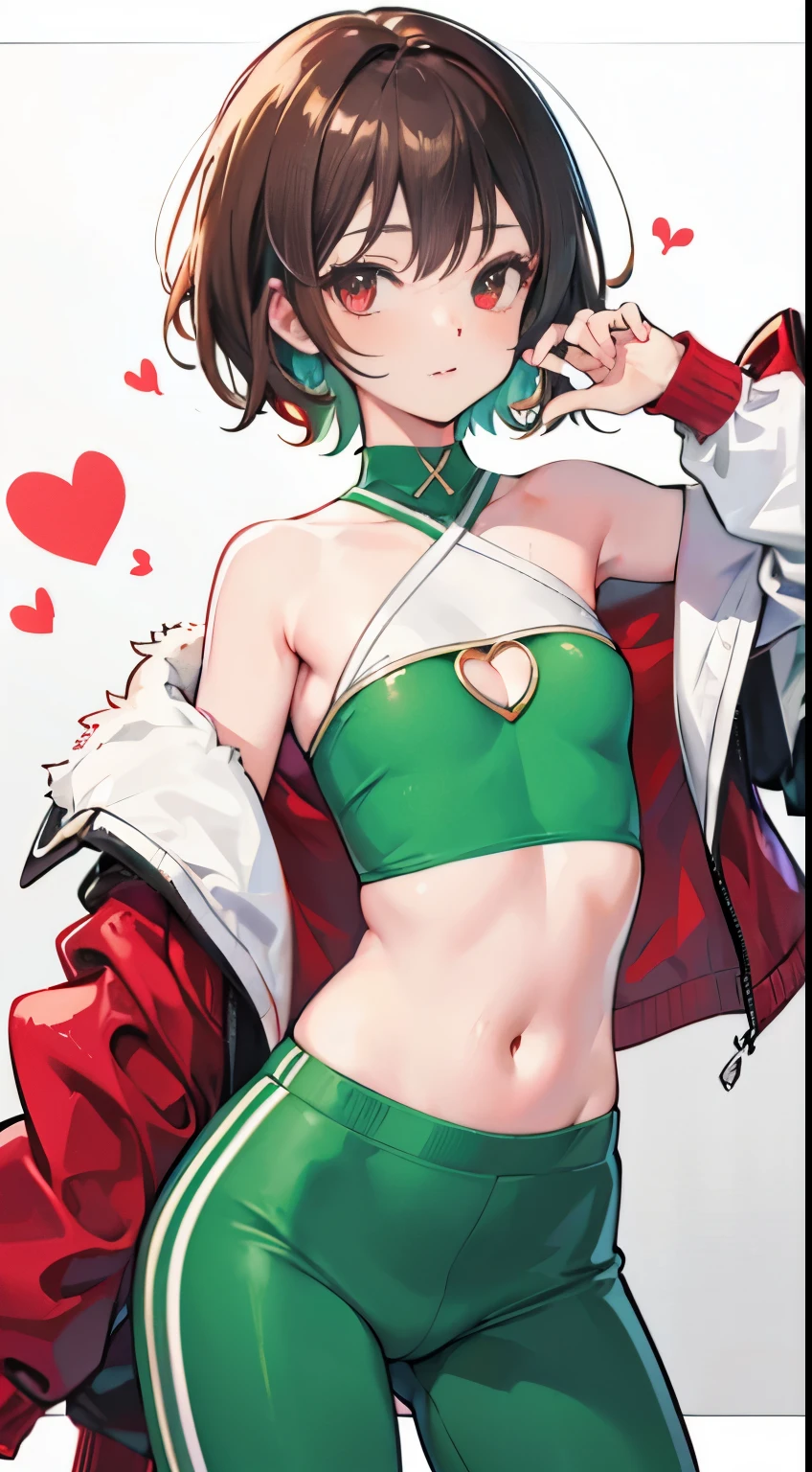 X-rated，undertale，chara，teens girl，red - eyed，sexy for，green color，Chest leakage，Crop tops，hot pant，stocklings，Full body standing painting，tempting pose，with short brown hair，Be red in the face，Underwear model，Lust，Hand repair，the detail，Sex clothes，k hd，No underwear，Smile，Adult videos，Cocked buttocks，Stick out your tongue，Playful