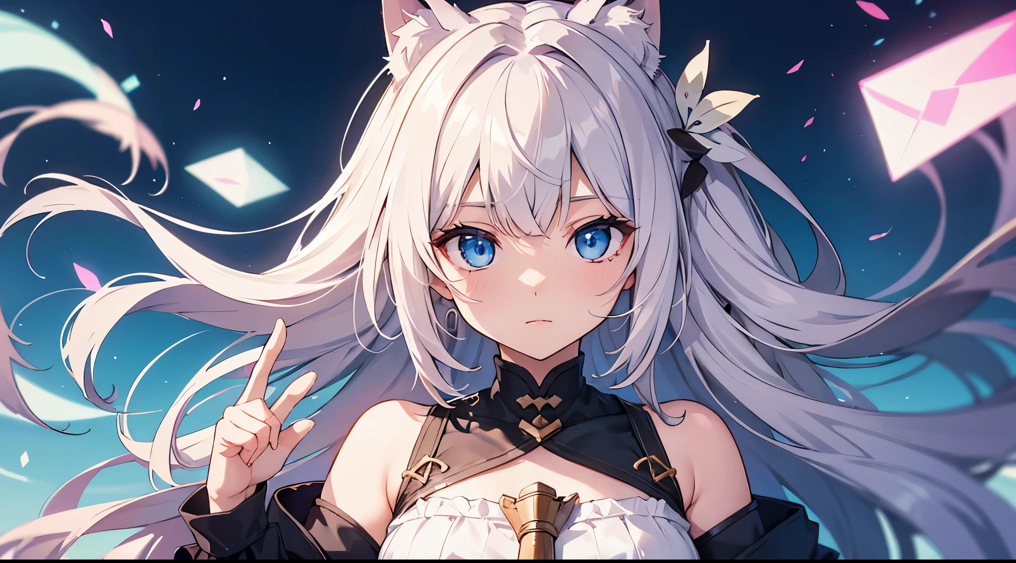 {{{shirakami_fubuki}}}, fox girl, white hair,braid, ahoge, animal ear fluff, aqua eyes, black ribbon, white shirt, off shoulder