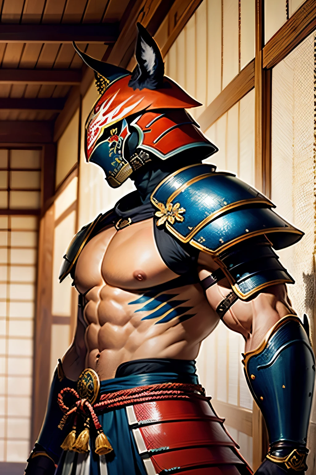 Caracal masculino con una armadura samurai japonesa con la cabeza agachada, se le nota deprimido, tenemos un vista lateral de el. It is a Japanese painting belonging to ancient murals and it is evident that it is Japanese mythology