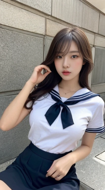 A female student wearing a short skirt and a sailor suit with her skirt rolled up and disheveled., , a hyperrealistic schoolgirl, in a white shirt, Hot with shining sun, A woman with the same face as last time,4K、1Man Woman、A slender、 Loose wavy styling 、,Open legs、 a hyperrealistic schoolgirl, Be braless、The chest is open、Nipples are erect、、captivating and enticing、FULL BODYSHOT、Including face and skin texture.,Detailed eyes、a seductive look
