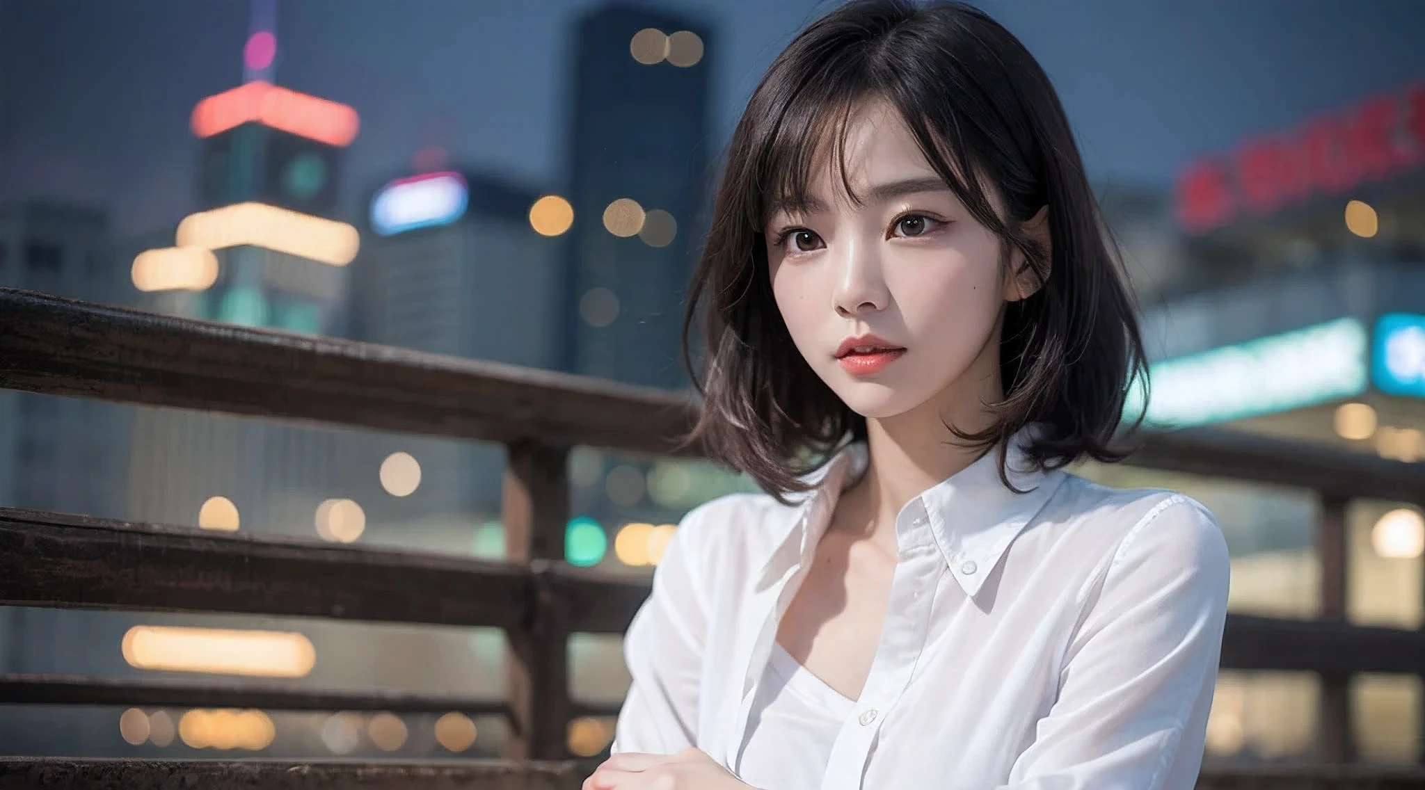 Generate image of attractive young woman in realistic style, Shoot in 8K resolution, Exquisite beauty looks exactly like Korean actress Park Kyu-young. She wears stylish jeans and a long-sleeved white shirt.

Her facial features are impressive, with large, Expressive eyes, A small mouth, Her straight nose makes her look like a doll. She has short bob hair，Hair is black and shiny. The image should highlight the details of her delicate face.

The background is the roof，Future city night view panorama. The cityscape is illuminated by neon lights，The night sky is full of stars. Strong winds blow through the roof, cause woman&#39;hair flying in the wind.

Photos were taken with a DSLR camera, Lighting creates a strong contrast between light and shadow, Add drama to the scene. She leaned her arms on the railing, stare into the distance, far away from camera, Create an atmosphere of mystery.

The image is intended to depict a captivating presence，There is atmosphere, With the future city night scene as the background. Lighting and composition should accentuate her charm and create a sense of intrigue.

请Ensure the final image has a realistic style, Attention to every detail, from her Expressive eyes and face to the intricate features of her hands and windswept hair.
The focus should be on capturing her entire body, Although she didn&#39;t&#39;facing at camera.. The details of the hands and feet must be very complicated. white shirt and jeans、Create a timeless look, Enhance her overall attractiveness.

This photo is:、Aiming to depict an existence full of loveliness. The lighting and composition are、Her charm and elegance should be emphasized in an industrial context.

Ensure the final image has a realistic style, Attention to every detail, From Expressive eyes and face、Up to the complex features of the limbs,.