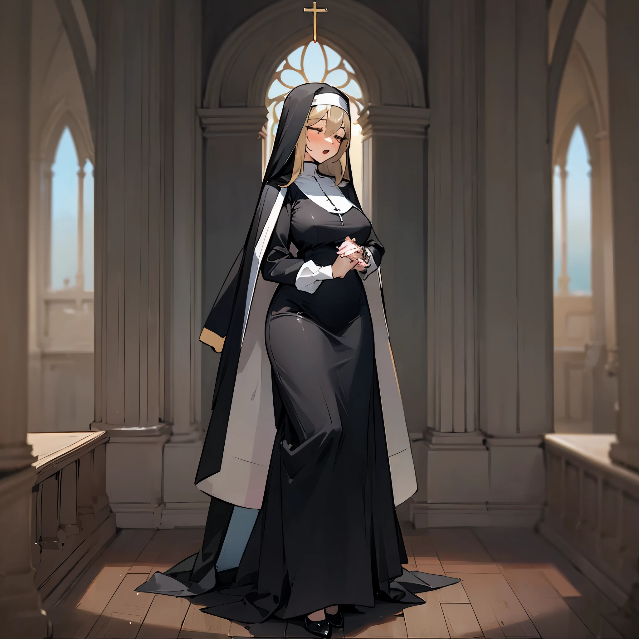 (solo 1 praying nun:1.3) standing in church, praying with holding hands together over chest, very thin, (black sheer long dress:1.5), (gigantic breasts:1.3), (bursting breasts:1.2), (black sheer long skirt:1.4), inconceivably thin waist, closing eyes, nose blush, open mouth, (heavy breathing:1.2), stained glass, full body, 8k, ultra-detailed, masterpiece