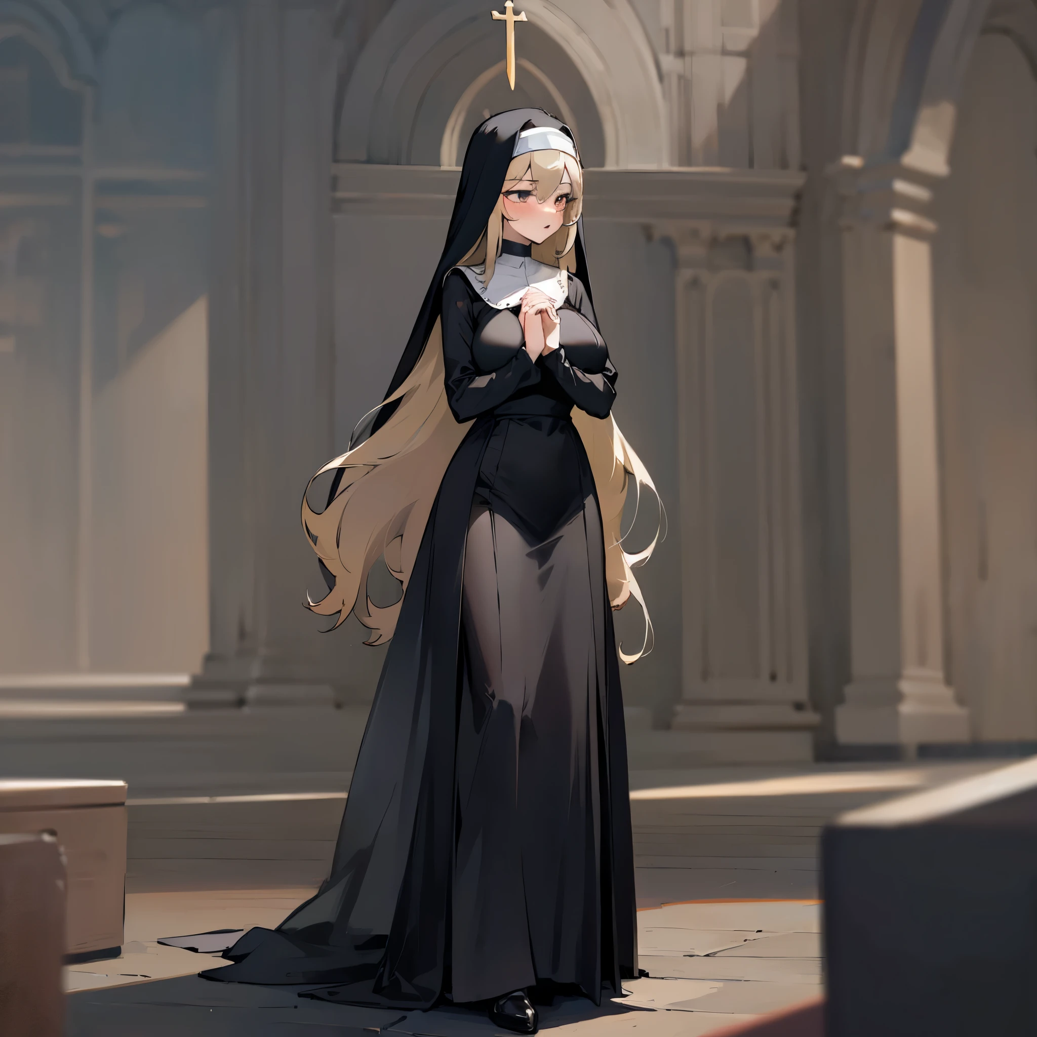 (solo 1 praying nun:1.3) standing in church, praying with holding hands together over chest, very thin, (black sheer long dress:1.5), (gigantic breasts:1.3), (bursting breasts:1.2), (black sheer long skirt:1.4), inconceivably thin waist, closing eyes, nose blush, open mouth, (heavy breathing:1.2), stained glass, full body, 8k, ultra-detailed, masterpiece