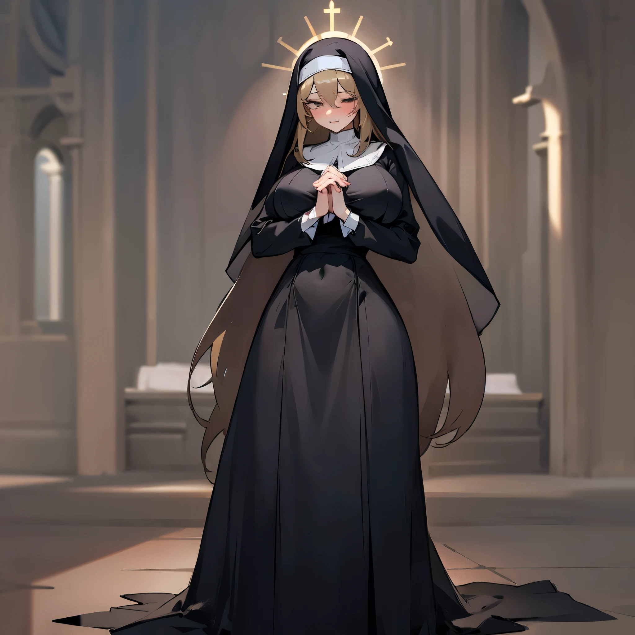 (solo 1 praying nun:1.3) standing in church, praying with holding hands together over chest, very thin, (black sheer long dress:1.5), (gigantic breasts:1.3), (bursting breasts:1.2), (black sheer long skirt:1.4), inconceivably thin waist, closing eyes, nose blush, open mouth, (heavy breathing:1.2), stained glass, full body, 8k, ultra-detailed, masterpiece