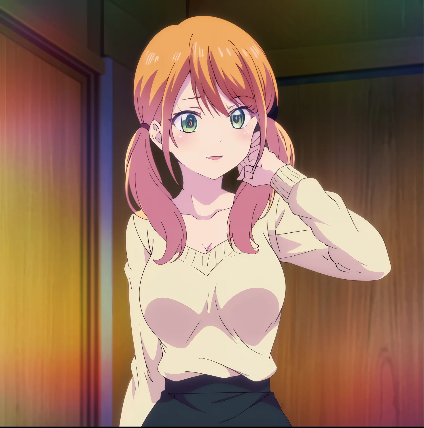 1girl,alone, tsukishima riho, long hair, looking at viewer, blush, smile, open mouth, orange hair, shirt, long sleeves, cleavage, twintails, medium breasts, green eyes, collarbone, white shirt, upper body, one eye closed, petals, pink background, ;d, hand on own face, hand on own cheek,big breasts, medium waist, wide hips, medium thighs, good hands, embarrassed, seductive, smiling